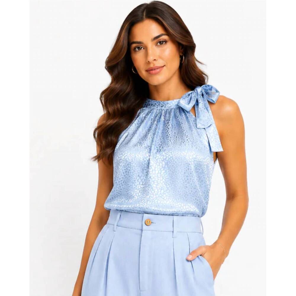 NEW ELINGS satin animal textured halter top in powder blue